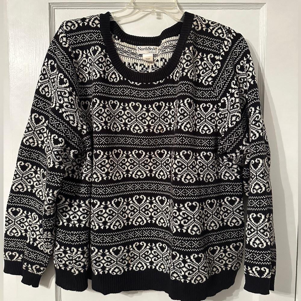 NorthStyle Women's Plus Cotton Sweater in Black and White Scandinavian Pattern